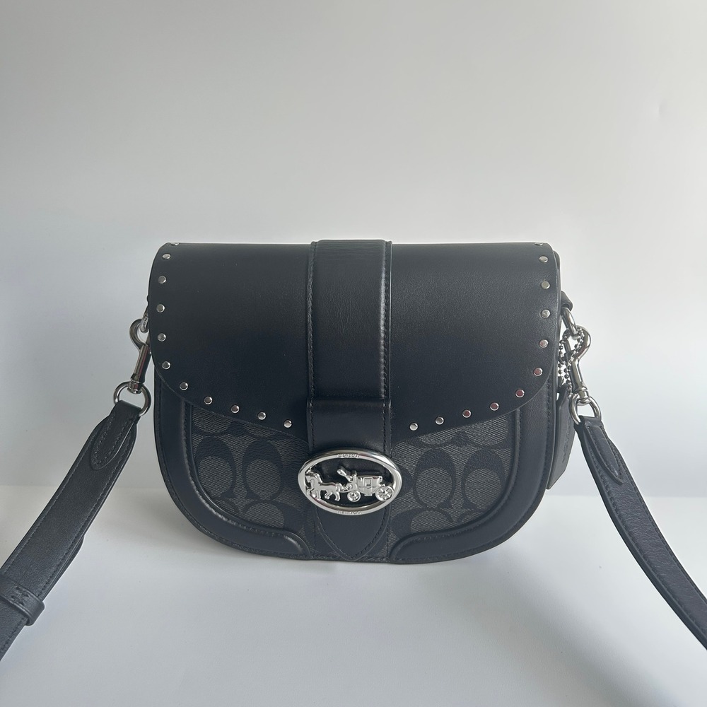 Coach Georgie Saddle Bag Black Colorblock Canvas Leather Rivets C3593